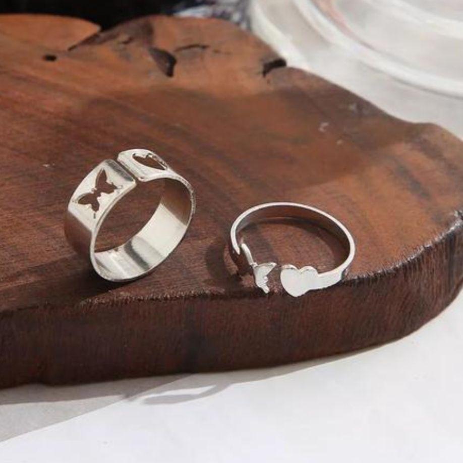 AVR JEWELS Combo of 2 Stylish Silver Plated Heart and Butterfly Couple Rings